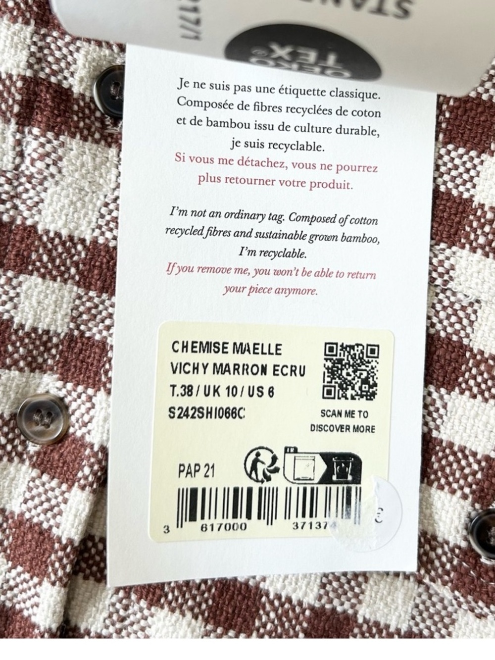 NWT Sezane Maelle Cotton Linen Shirt Jacket Brown Gingham Ecru FR 38 US 6 - Picture 10 of 10